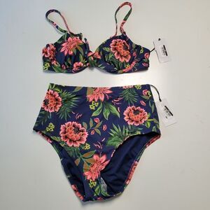 NEW 34B S 4 6 FLORAL HIGH WAIST LIGHTLY PADDED BIKINI 2 PIECE SWIMSUIT SMALL NWT